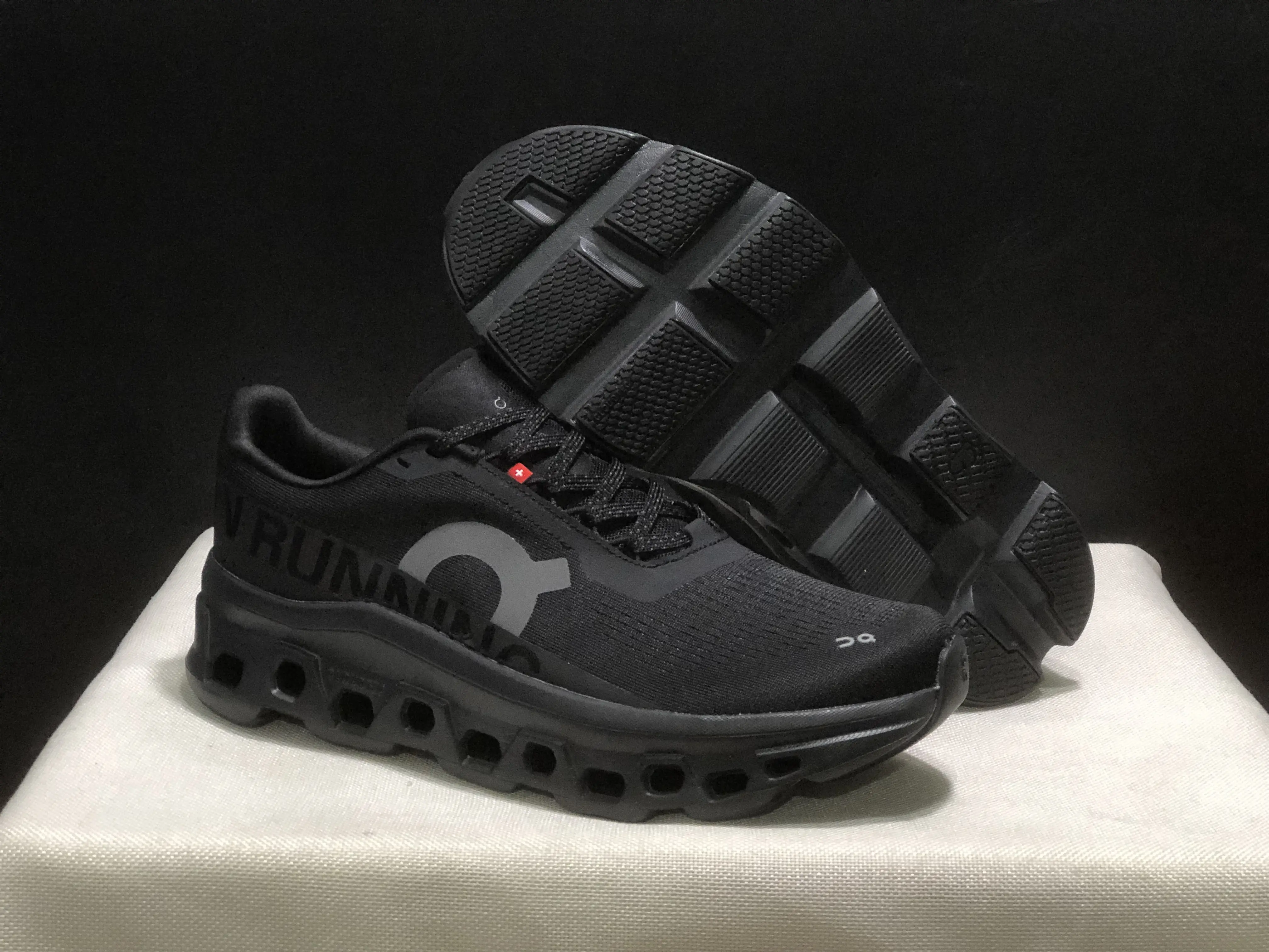 Matte All-Black Hollow Thick Cushion Training Trainers Breathable Mesh Upper Big Side Logo Shock Absorbing Soft Foam Sole Wear Resistant Lightweight Daily Outdoor Night Running Shoes