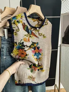 Women's Casual Loose-Fitting Round Neck Sleeveless Knit Top Knitwear, Fall Winter Fashion, Colorblock Edge Design, Perfect for Daily Wear