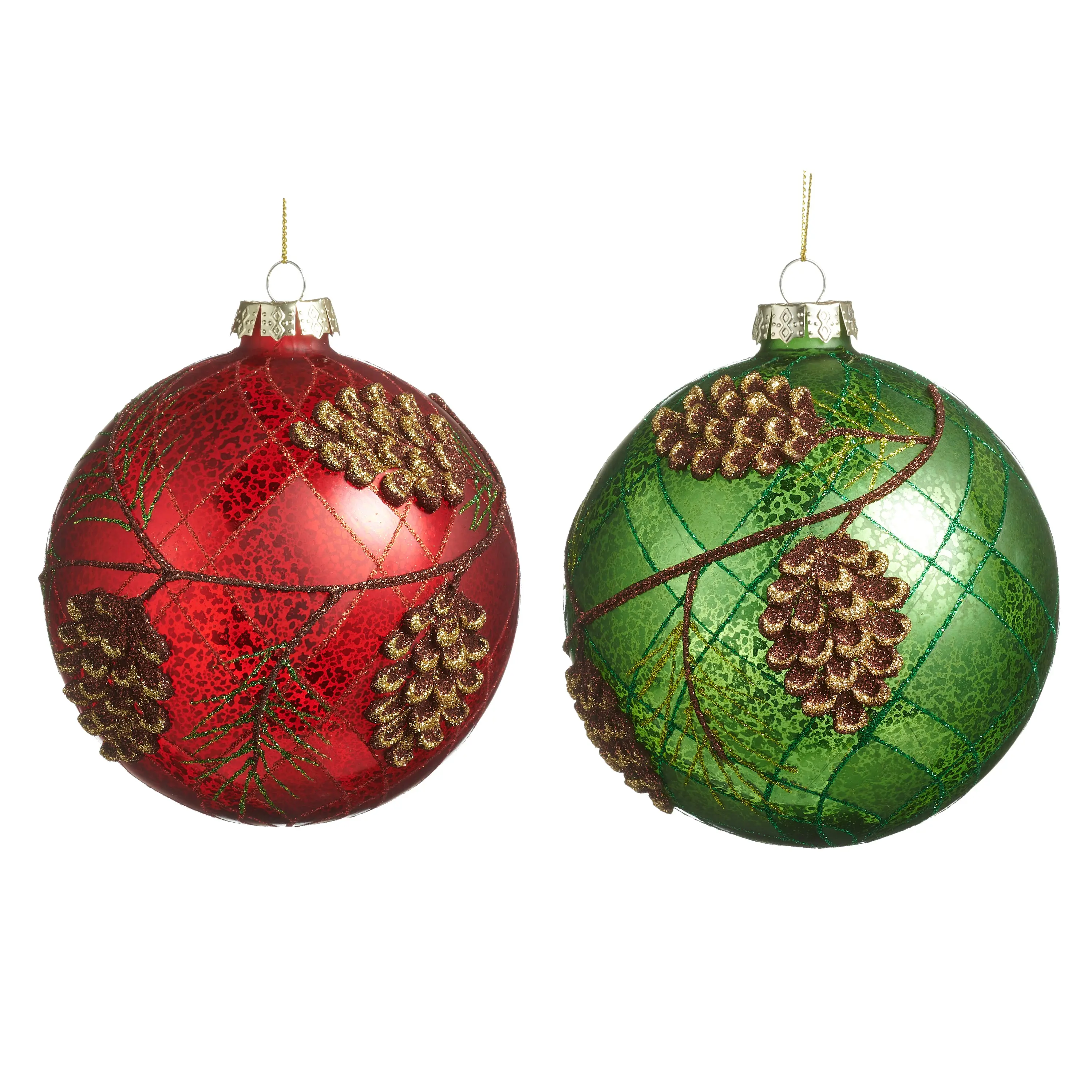 RAZ Imports 5" Mercury Glass Red and Green Pinecone Glass Ball Christmas Ornaments - Set of 2