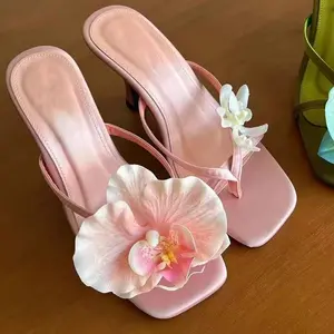Activity floor slippers, asymmetrical square toe slippers, slim high-heeled sandals, women's pink elegant summer shoes, walking shoes, knee
