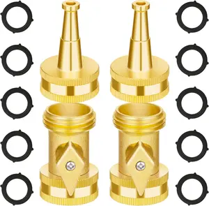 Brass Hose Nozzle - High  Jet Nozzle 4 Count (2 Set), Heavy Duty Water Hose Sprayer Sweeper with Hose Shutoff Valve, 3/4 GHT Nozzles for Garden Hose,  Wash, Extra 10 Rubber Washers
