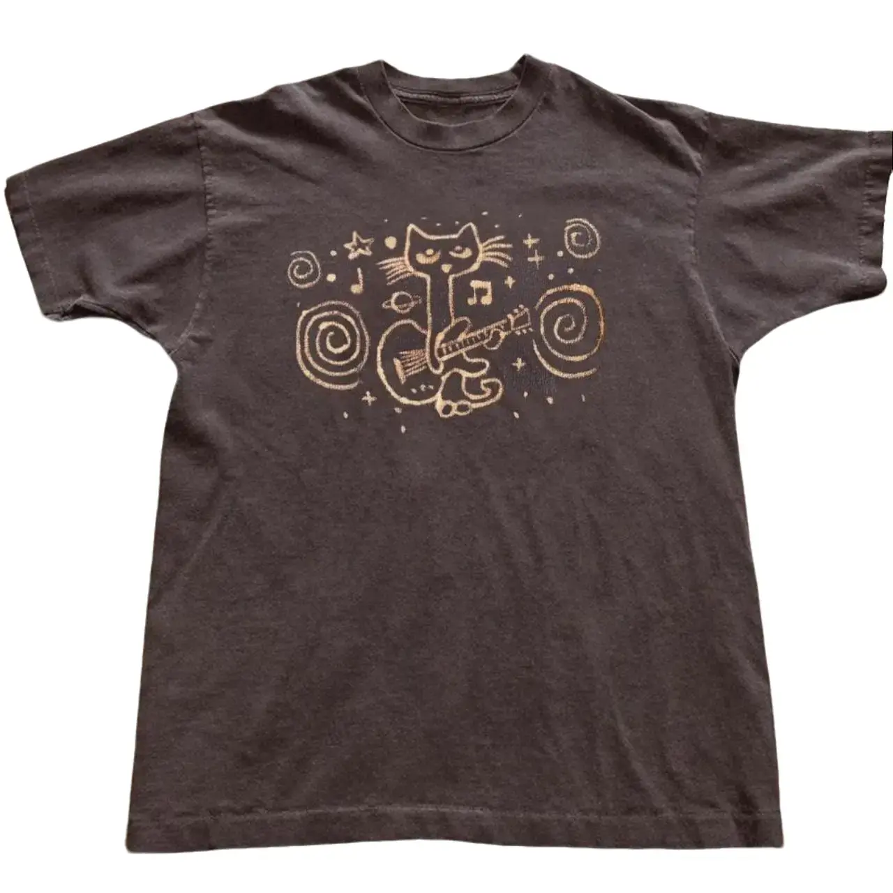 Retro Playing Guitar Cat Graphic T-Shirt, Indie Rocker Cat Lover Aesthetic Tee, Unisex Dark Brown Cotton Oversized Casual Shirt