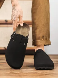 Men's Black Suede Clogs, Adjustable Buckle Slip-On Mules, Non-Slip Comfortable Casual & House Slippers for All Seasons