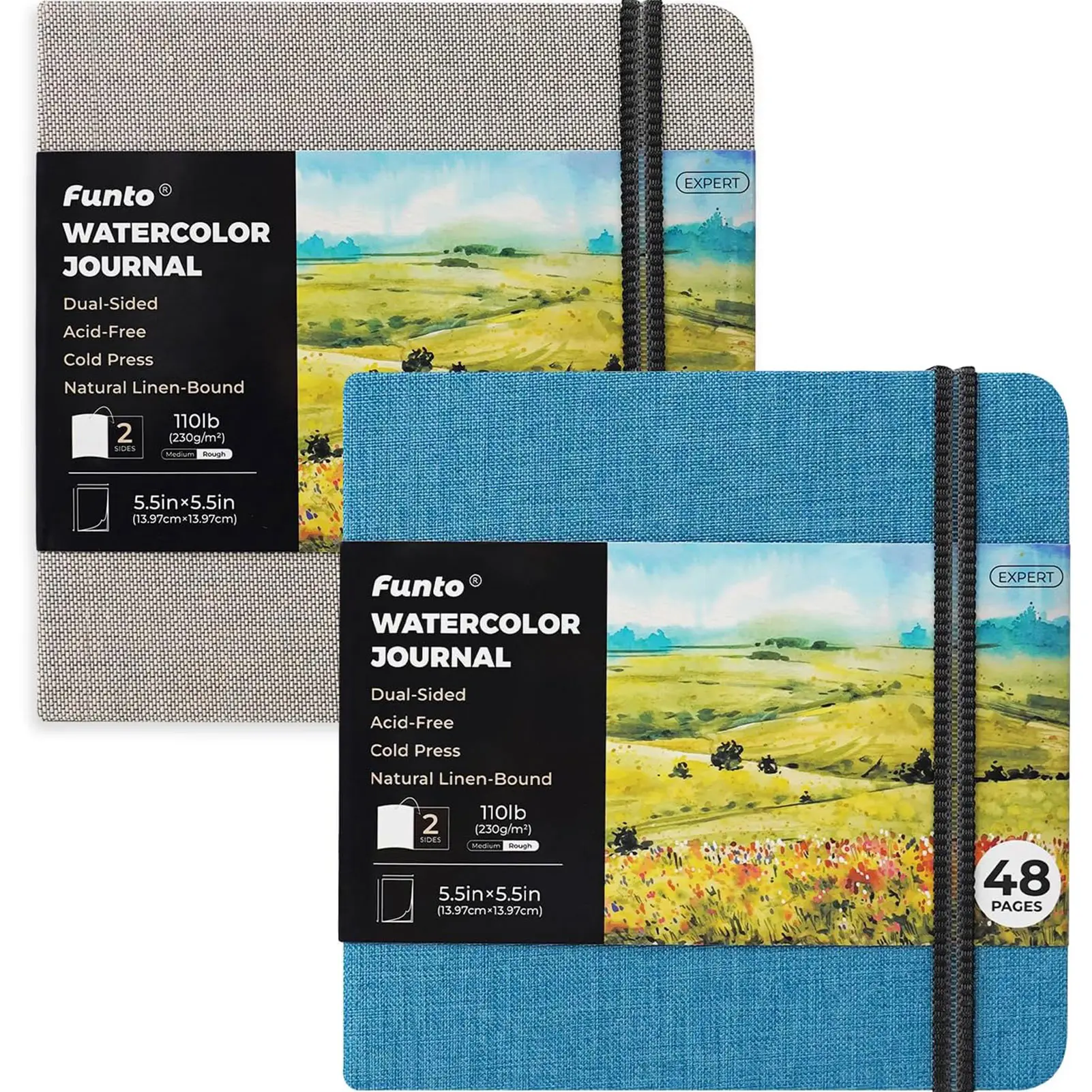Funto Square Watercolor Journal 2-Pack, 5.5x5.5in Portable Gray Cover, 48 Pages Each 110lb/230gsm Cold Press Watercolor Paper, Acid-Free Art Paper Sketchbook, Versatile Mixed Media Art Supplies
