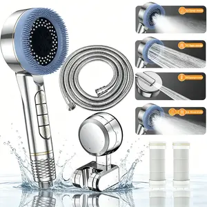 Four-Mode High-Pressure Handheld Shower Set, Includes Silicone Brush, Filter Kit with 2 Replacement Filters, Stainless Steel Hose, Adjustable Wall Mount Bracket, Shower Sets for Bathroom