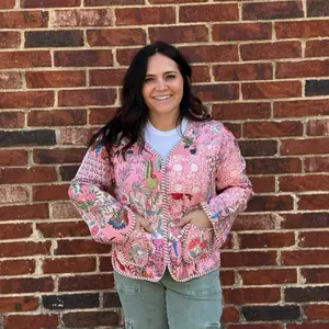 Carolina Jacket with v neck collar - Pink Cotton Floral Print Women's Reversible Button-Up Outerwear with Pockets Long Sleeve Casual