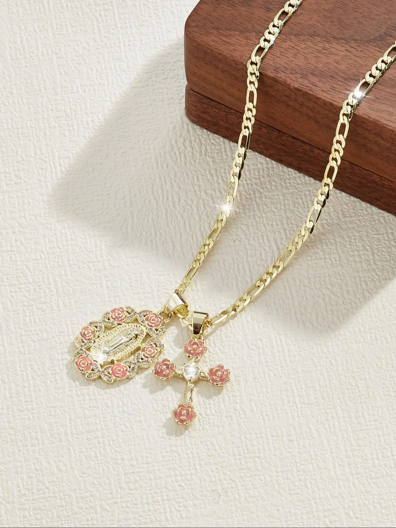 Floral Mary + Cross Dual Pendant Necklace, or Jewelry, Gift for Girlfriend Family Festival Birthday, Cuban Links Necklace, Faith Style Necklaces, Cross Medallion Pendant, Medallion Chain, Pendants Jewelry