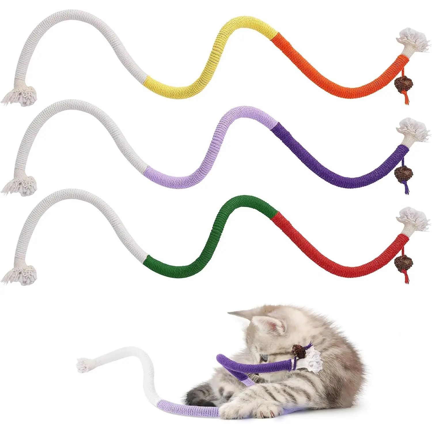 Cat Toys Chew Ropes Toys, 3 Pcs 27.9 Inches Interactive Catnip Toys for Indoor Cats, Kitten Teeth Cleaning Chew Toys for Dental Care