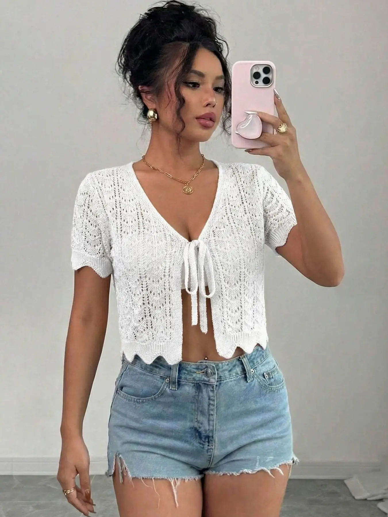 Summer Knitted Knitwear Cardigan with Bow Tie Knot Hollow Out Short Sleeve, Beach Vacation Crop Top, Thin Plain Chic Lightweight Breathable Casual Style Outerwear for Women, Cropped Cardigan Sweater, Womenswear