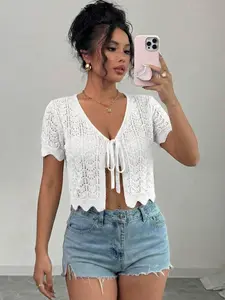 Summer Knit Cardigan with Bow Tie Knot Hollow Out Short Sleeve, Beach Vacation Crop Top, Thin Lightweight Breathable Plain Outerwear for Women