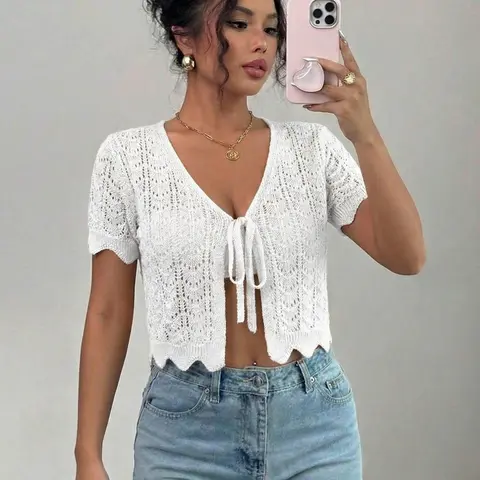 Summer Knitted Knitwear Cardigan with Bow Tie Knot Hollow Out Short Sleeve, Beach Vacation Crop Top, Thin Plain Chic Lightweight Breathable Casual Style Outerwear for Women, Cropped Cardigan Sweater, Breathable Knit Clothing, Womenswear