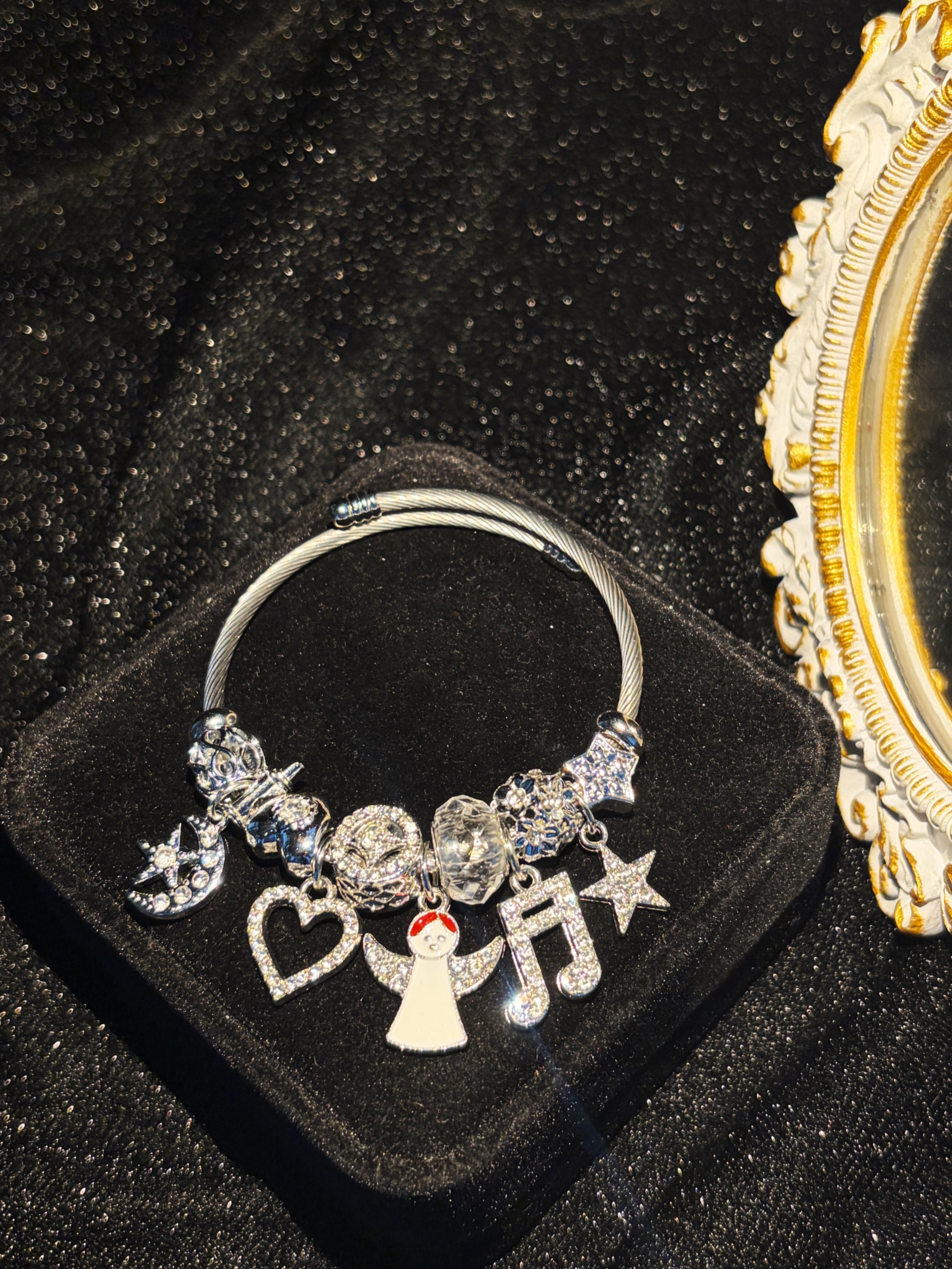 Sparkling Rhinestone Angel Music Note Heart Star Dangle Charms Silver Tone Open Wire Bangle, Elegant Beaded Jewelry Gift for Women Sparkling Rhinestone Angel Music Note Heart Star Dangle Charms Silver Tone Open Wire Bangle, Elegant Beaded Jewelry Gift for Women