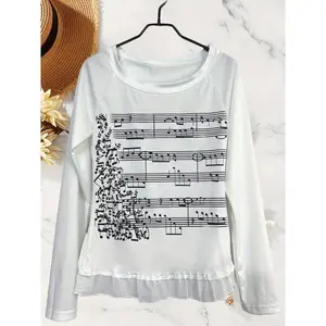 Y2K Korean-Style Women’s Casual Long-Sleeve Top – Music Note & Star Print, 100% Polyester Fiber, Asymmetrical Shoulder Design, Machine Washable, All-Season Versatile Geometric Knitwear Crewneck, White