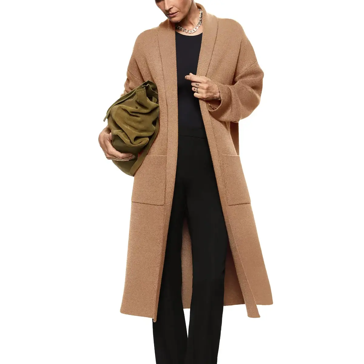 Women's Oversized Open-Front Long-Sleeve Knit Cardigan Coat - Comfy Fabric, Lapel, Pockets, Warm, Casual, Kimono-Inspired Shawl Matching Layered Outerwear