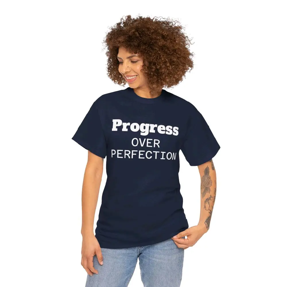 Motivational Progress Over Perfection T-shirt, Unisex Casual Comfortable Cotton Graphic Tee for Daily Wear, Inspirational Apparel