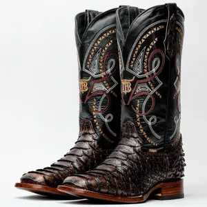 Brown Jumbo Python Leather Boots - Square Toe