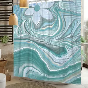 Modern Marble-Patterned Shower Curtain — Abstract Teal, White, and Blue Floral Design — Bathroom Decor — Cracked Texture — Waterproof Polyester Fabric — Includes Hooks — 70.866 x 70.866 Inches