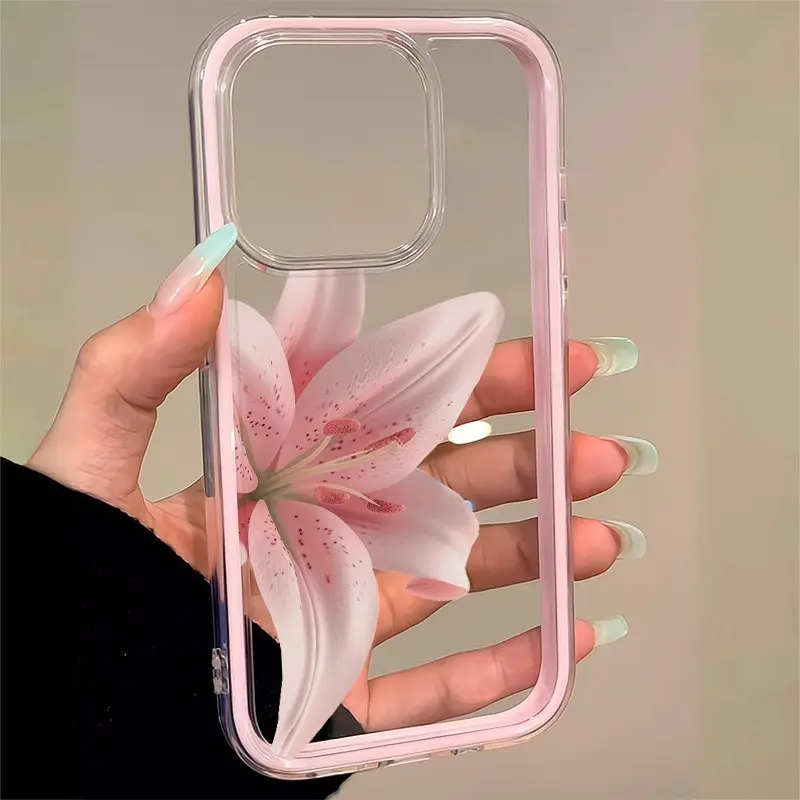 Cute Colorful Lily Flower Pattern Border Soft Case, Anti-Drop Protective Tpu Phone Cover Accessories for iPhone 11-16 Pro Max, Gift Idea