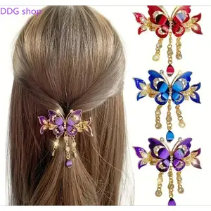 3pcs Bohemian Butterfly Tassel Hair Clips with Rhinestones - Vintage-Inspired Alloy Hair Accessories for Women, Elegant Hairpins for Updos, Ponytails & Buns, No Power Needed, Hair Accessories for, Bunmaking Accessories, Bohemian Style, Rhinestone Embelli