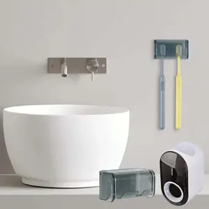 Wall Mounted Toothbrush Holder with Cover for Bathroom, 2 Slots Toothbrush Storage Organizer for Shower, Self Adhesive Toothbrush Hanger with Automatic Toothpaste Squeezer Dispenser (Grey)