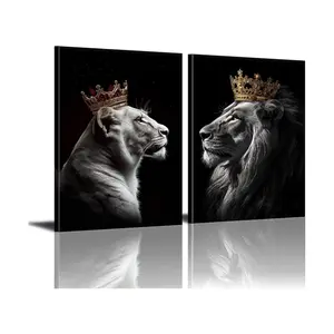 2pcs/set Frameless Black And White Lion Family Gold Crown Wall Art Poster Printed Oil Painting Wall Art Animal Living Room Decoration