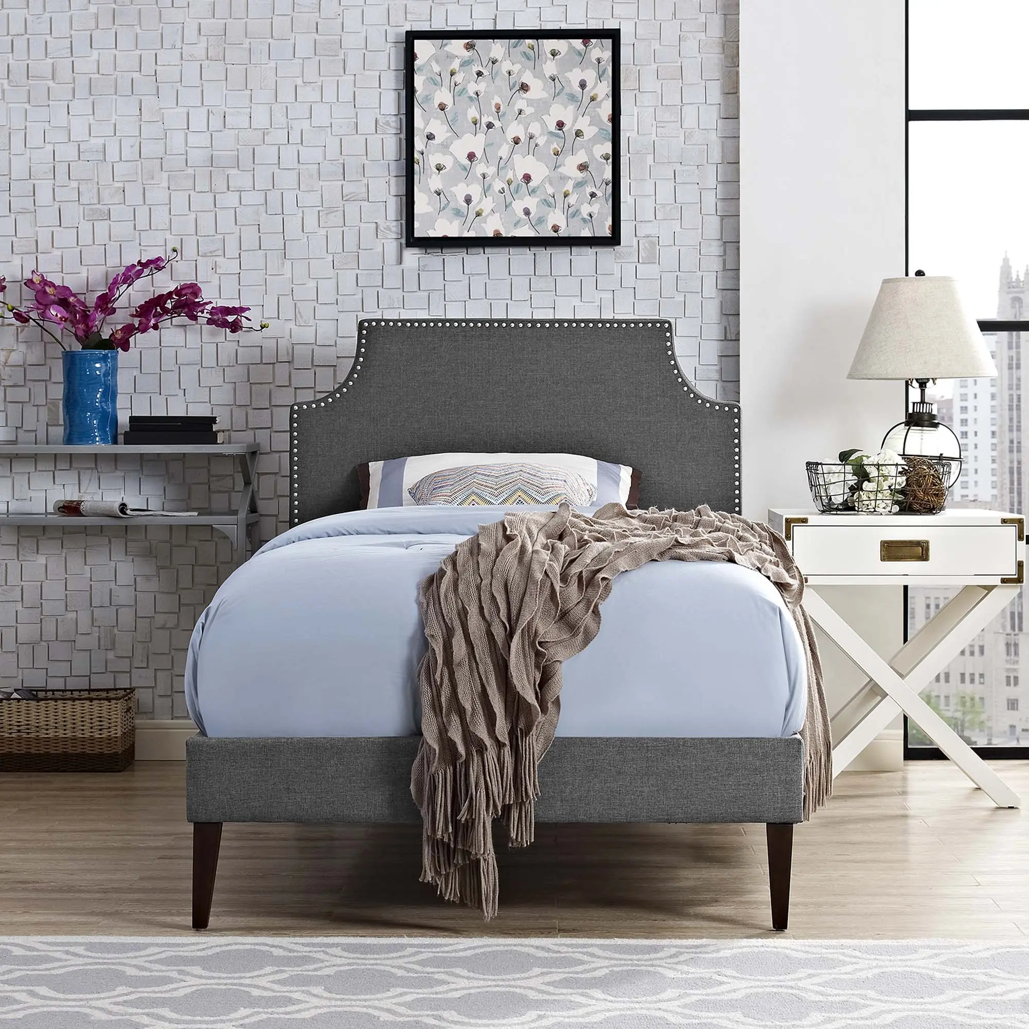 Modway Corene Twin Minimalist Modern Upholstered Sturdy Wobble-Free Platform Bed Frame, Gray Fabric Bed with Squared Tapered Legs, Indoor Furniture, Minimalist Platform Bed, Modern Upholstered Bed