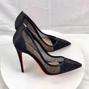 2026 Spring and Summer New Breathable Mesh Diamond Bright Diamond Red Bottom Original Letter High Heels Pointed Fine Heels Light Lipstick Bottom Women's Shoes, Luxurious and Comfortable High Heels