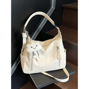 Cute cloud pendant canvas bag, multiple zipper pockets, casual one-shoulder large-capacity tote bag, simple and lightweight for daily commuting, suitable for college students to go to class, office workers to commute, etc., Crossbody Tote Bag