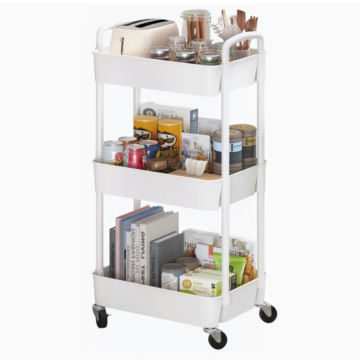 Plastic Rolling Utility Cart with Handle, Multi-Functional Storage Trolley for Office, Living Room, Kitchen, Movable Storage Organizer with Wheels