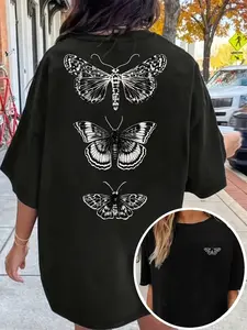 Women's Vintage Moth Graphic Oversized Fit T-Shirt, Dark Academia Gothic Washed Tee, Heavyweight Distressed Insect Print Casual Top, Black