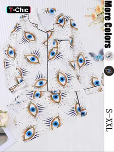 Women's Random Print Pajama Set Loungewear, Casual Comfy Long Sleeve Button Up Top & Elastic Waist Pants PJ Set, Ladies Sleepwear for All Seasons