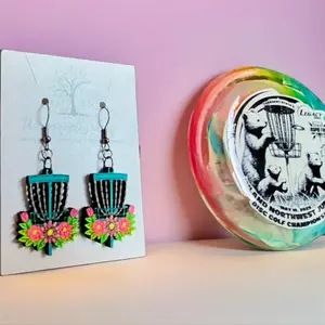Whimsically Amy Electric Teal Floral Disc Golf Basket Earrings Hypoallergenic Hand-Painted Wood Dangles Vibrant Teal Pink Lavender Blooms
