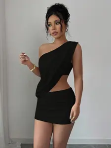 Women's Asymmetric One-Shoulder Top & High Waist Pleated Mini Skirt Set Outfit, Korean Stylish Casual, Perfect for Spring & Fall