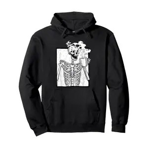 halloween coffee drinking skeleton skull Pullover Hoodie for Teens, Crew Neck Sweatshirt, Ultra Soft, Breathable, Casual Loose Trendy Long Sleeve Hooded Sweats Cloud Essential Fabric Fleece
