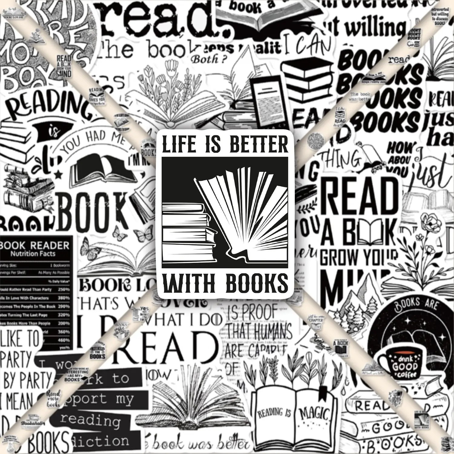 54pcs Book Lover Black & White Stickers Pack, Sticker Packs, Waterproof Reading Aesthetic Book Quote, Graphic Decal & Reading Decals for Laptop, Water Bottle, Journal & Scrapbook, Book Lover Gift, Diy Craft Kit