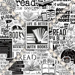 54pcs Book Lover Black & White Stickers Pack, Sticker Packs, Waterproof Reading Aesthetic Book Quote, Graphic Decal & Reading Decals for Laptop, Water Bottle, Journal & Scrapbook, Book Lover Gift, Diy Craft Kit