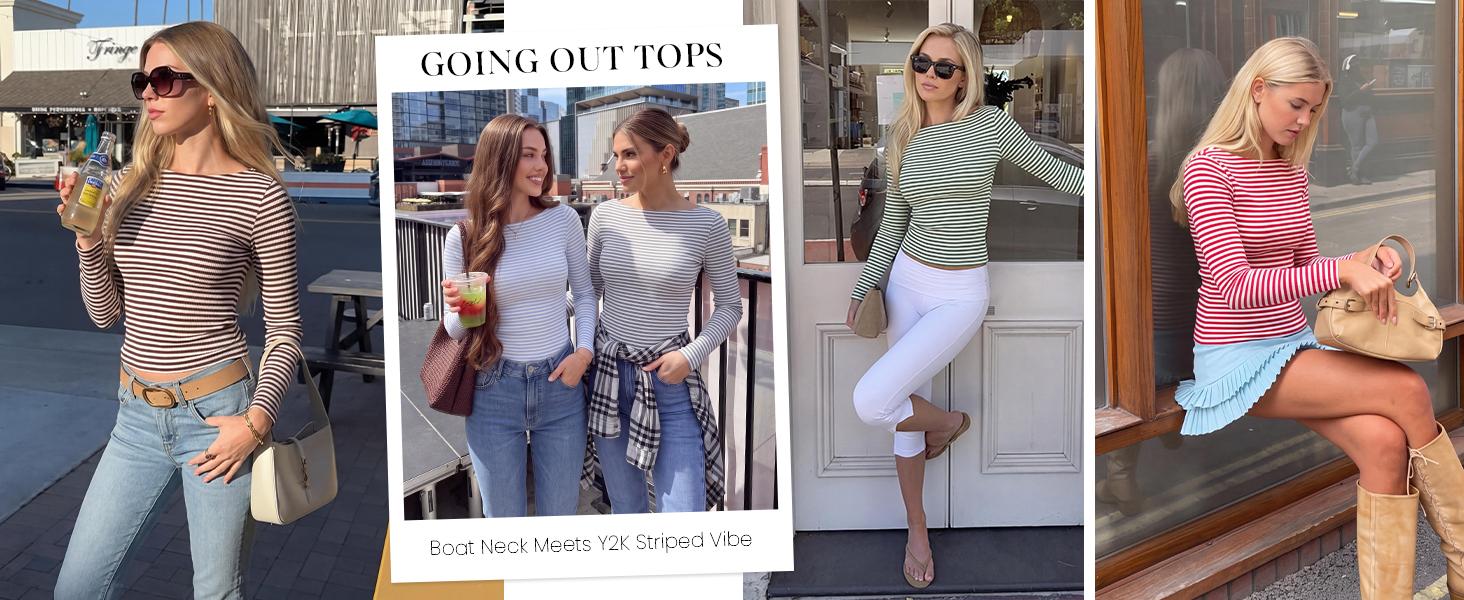 PRETTYGARDEN Long Sleeve Striped Shirts for Women | Soft Ribbed Knit ,Y2k Tshirt,Slim Fit Layering,Cute Tops,Basic Tee,Business Casual Outfits, Spring Fall Trendy Clothes#SohoChic