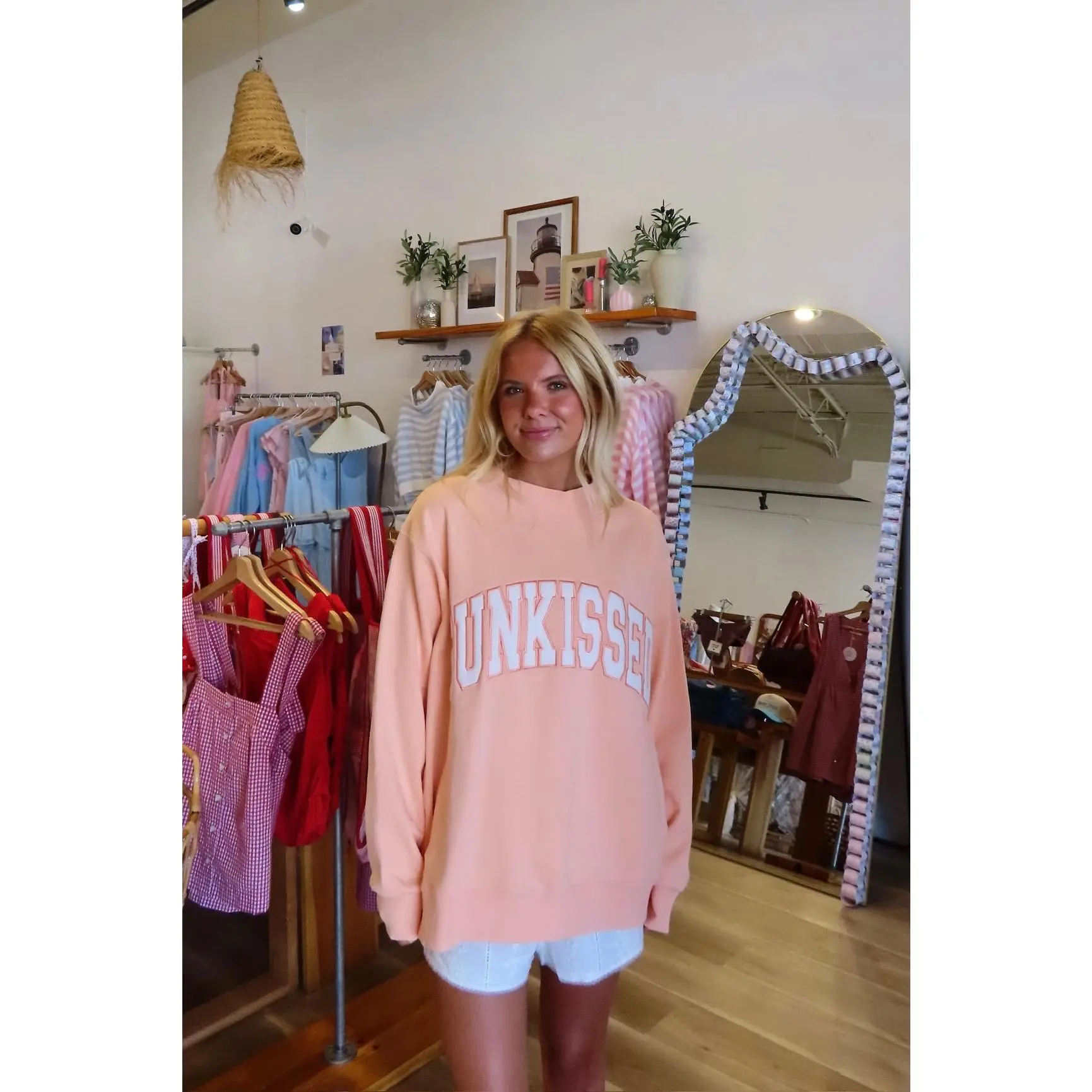 Lady's Varsity Mock Neck Hoodie - Women's Oversized Orange Long-Sleeve Embroidered Casual Tops & Clothes