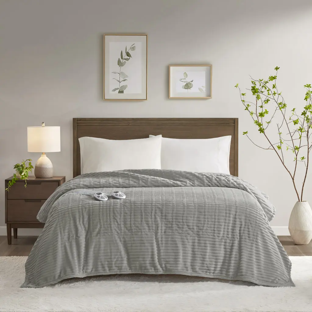 Serta ST54-0286 Twin Size Polyester Electric Blanket - 360 Stand, Classic Ribbed Texture, Corded Plush Heated, 62x84 in, Grey, Heats Up, Casual Bedroom Use