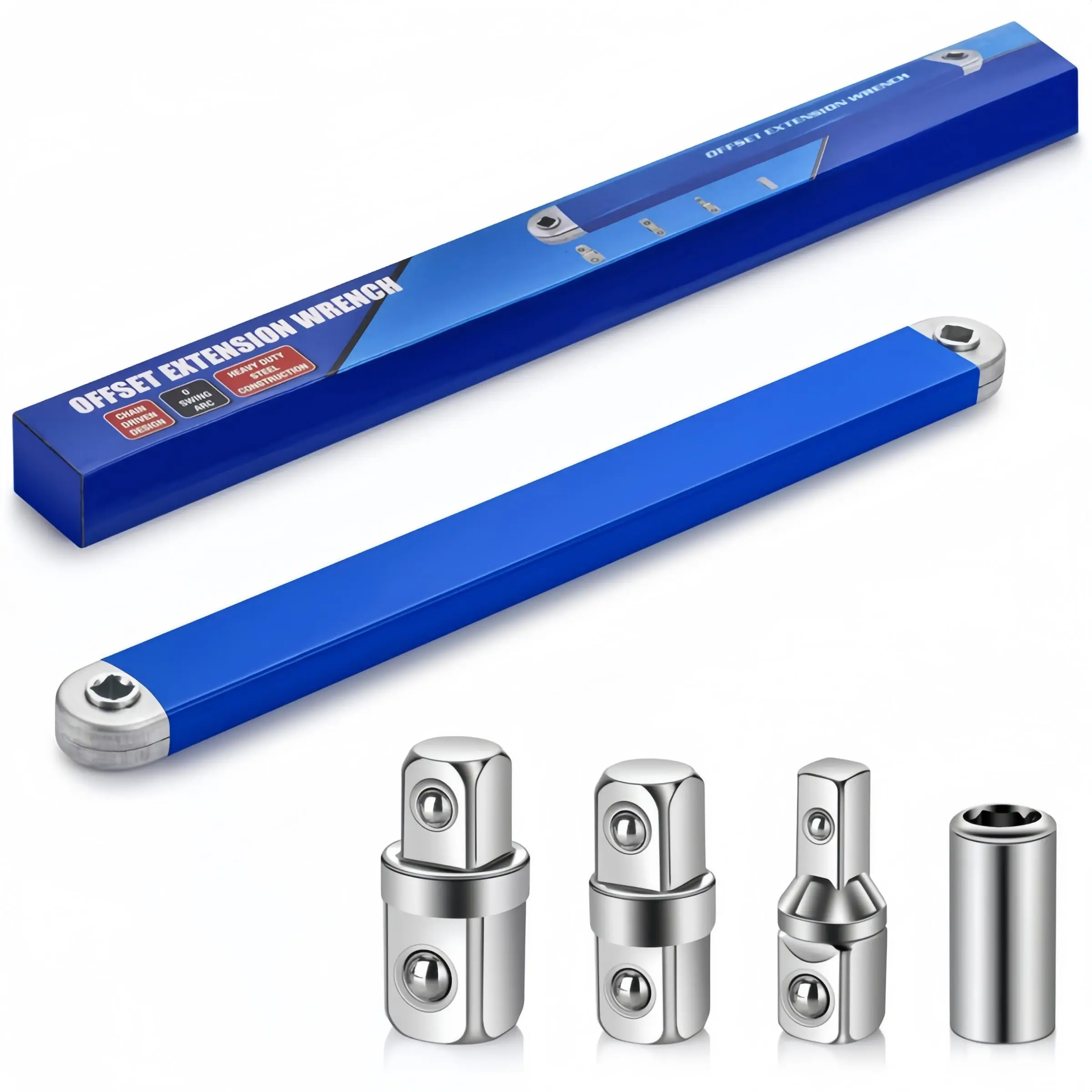 3/8 Inch Offset Extension Wrench, 1 Set Multifunctional Extension Wrench with 1/2 Inch & 1/4 Inch & 3/8 Inch Square Drive Adapters, Impact Ready Socke