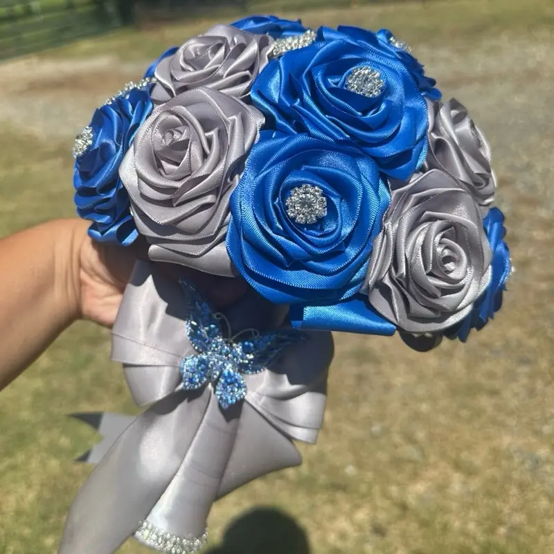 Quinceanera Ramo Blue and Silver Rose Bouquet with Sparkling Accents and Ribbon Design