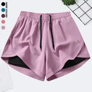Women’s summer quick-dry casual running/fitness shorts, faux two-piece design, breathable polyester spandex knit fabric, elastic drawstring waist, suitable for workouts and leisure runs.