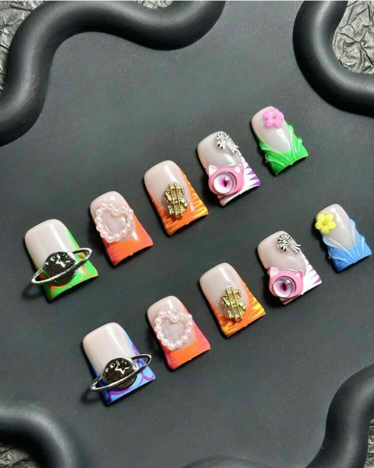 Y2K Style 10pcs Set Handmade Duck Nail Tips with French Edge, Neon Green, Purple Orange Dip, Pink Stars & Lollipop, 3D Water Droplet, Charms