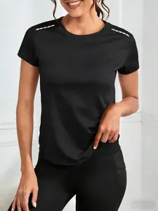 Women's Breathable Quick-Dry Fitted Casual Sports Short Sleeve T-Shirt, Polyester Fabric, Shoulder Side Prints, Ideal for Gym Yoga Running, Gym T Shirts