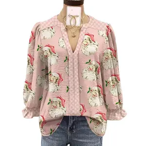 Christmas Santa Claus Print V-Neck Blouse Casual Polyester 3/4 Sleeve Shirt with Drawstring Detail All-Season Woven Portrait Pattern Top for Adults Fabric Elegance Womenswear