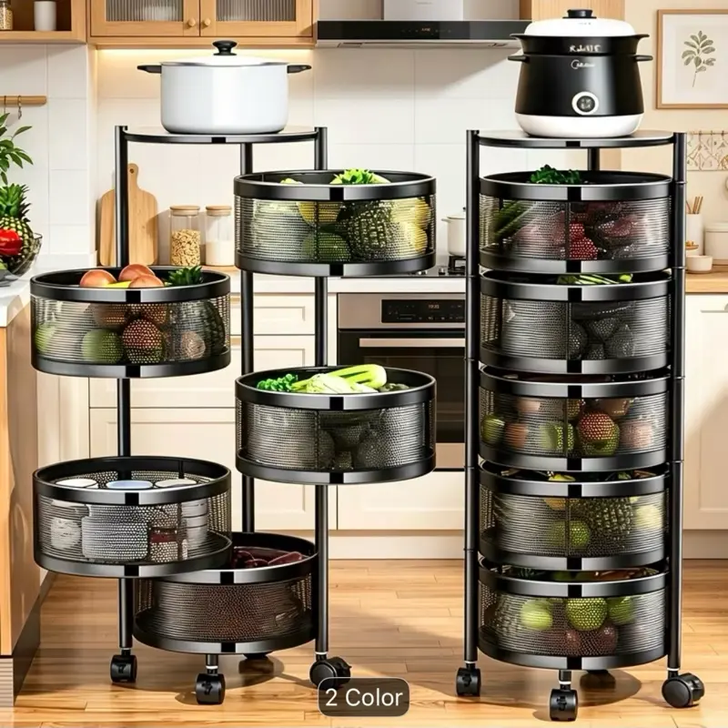 POKEPIC, 5-Tier Round 360° Rotating Storage Cart, No Assembly Mobile Organizer, Space Saving Floor Standing Storage Basket, Multi-Purpose Rolling Bin for Kitchen Pantry Fruits Vegetables Bathroom Bedroom Home Organization, Standing Shelf