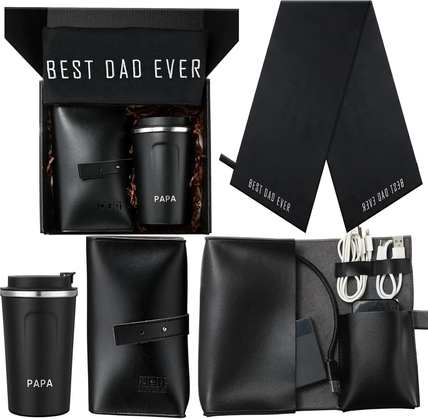 4 Pcs Dad Gift Best Dad Ever Gift Set for Men from Daughter Son Wife 12 oz Tumbler Towel Leather Electronic Cable Organizer Bag with Presents Box for Him Papa Father Birthday