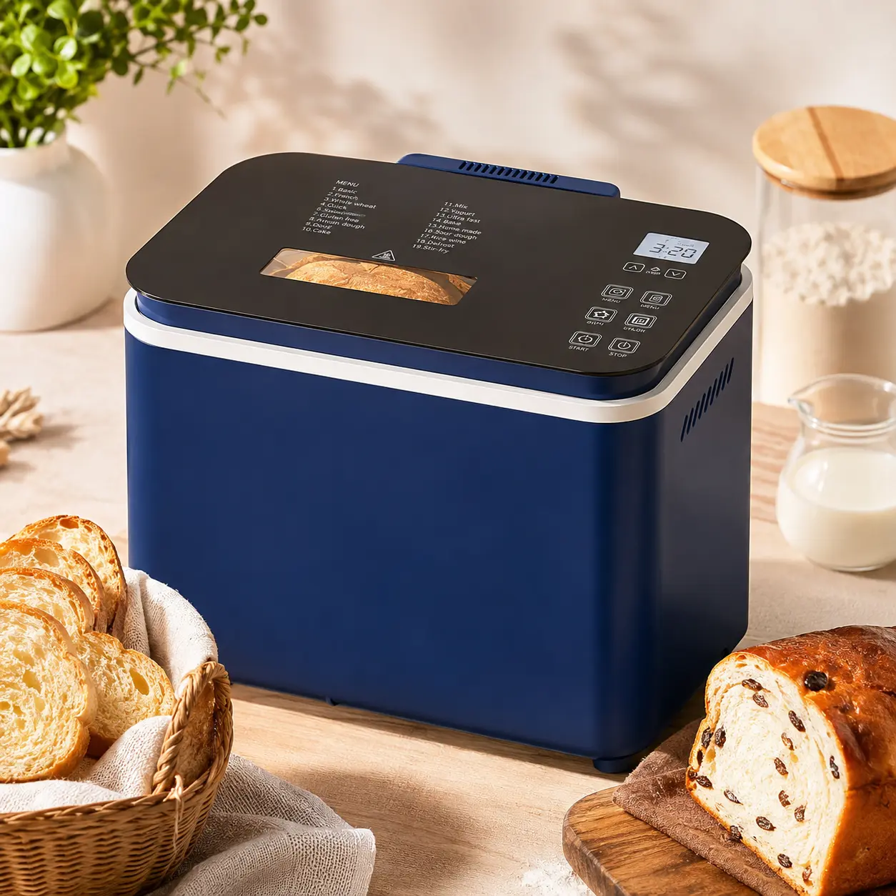 Sunvivi Automatic Bread Maker Machine - 2.2LB, 21-Program Baking, 3 Loaf Sizes, 3 Crust Colors, Digital Touch Panel, 15H Timer Wake, Keep Warm, Dough Kneading, Aluminum Stainless Steel, ETL Certified, Blue