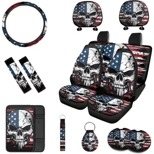13 Pcs American Flag Skull Car Seat Covers Full Set with Auto Steering Wheel Cover Armrest Cushion Protector Seat Belt Covers, Automotive Interior Sets Unverisal Fit Cars SUV Turcks