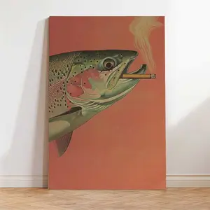Vintage Trout Smoking a Cigarette Poster - Funny Retro Whimsical Print - Cabin Wall Decor & Outdoor Sports Fisherman Illustration